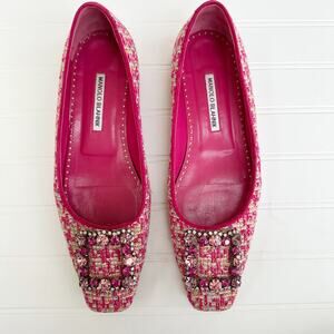 Manolo Blahnik Caza Pink Tweed Flats Crystal Hangisi Buckle Ballet Shoes 40.5